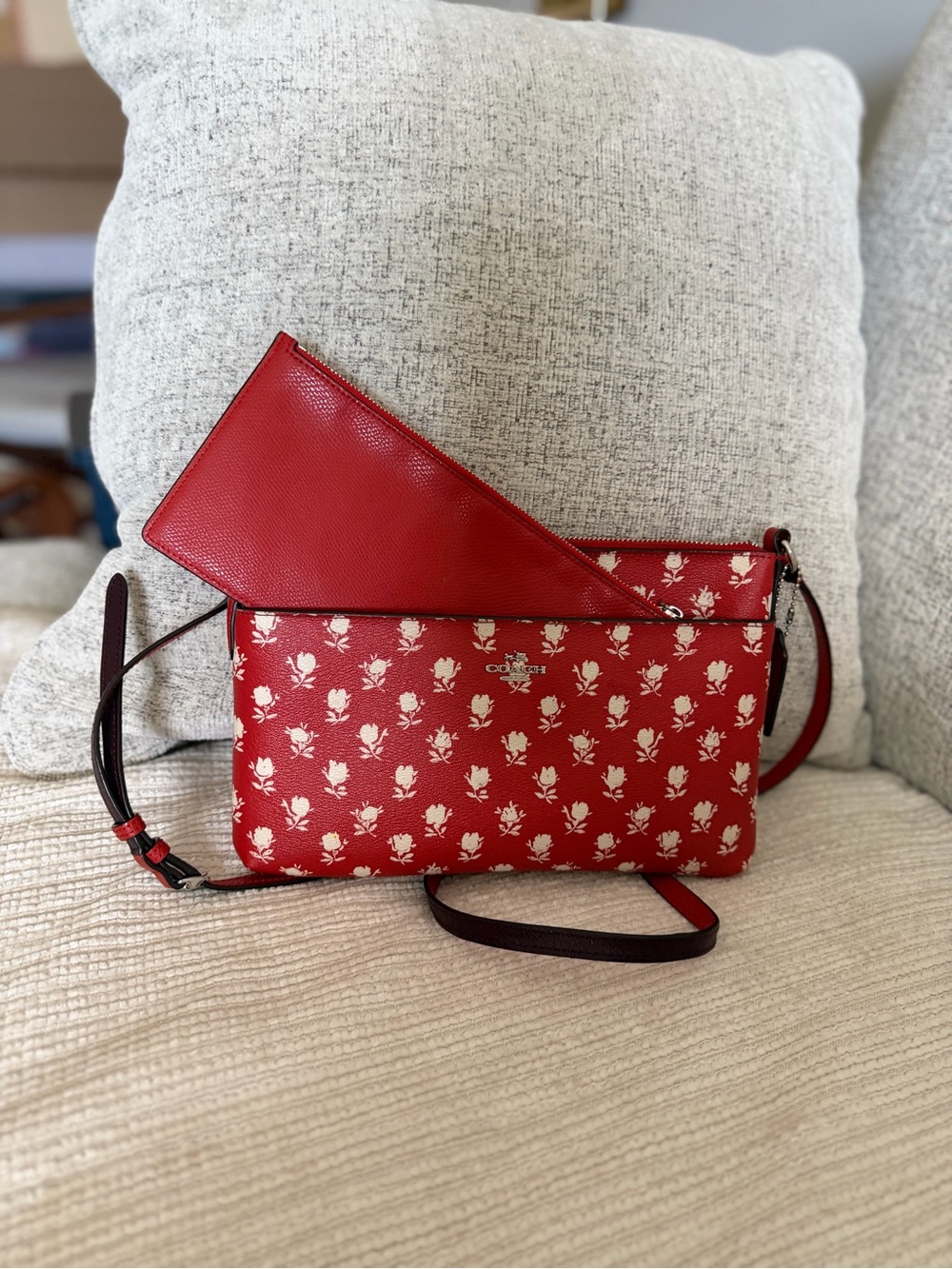 Coach Badlands Red Floral Crossbody with Insert accessory pouch 10.5x7